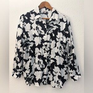 J.Jill Linen Button Front Collared Shirt, White & Black Petite Medium